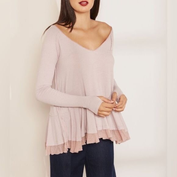 Free People Pale Pink Mauve Ruffled Hem Long Sleeve Tunic Top - Picture 2 of 16